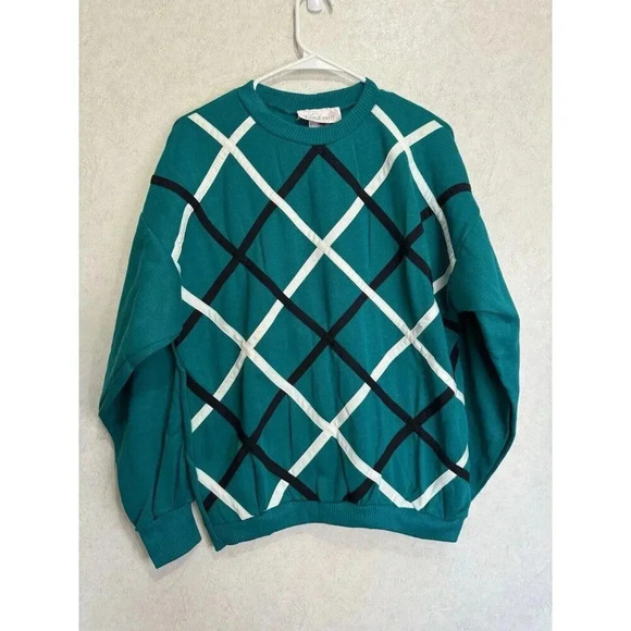 VINTAGE Women Green Blue Argyle Crew Neck Pullover Sweater Holiday Casual Medium - Picture 1 of 8